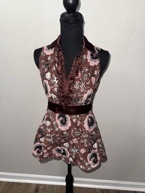 Max Rave Womens Medium Floral Ruffle Sleeveless Babydoll Top Brown Y2K